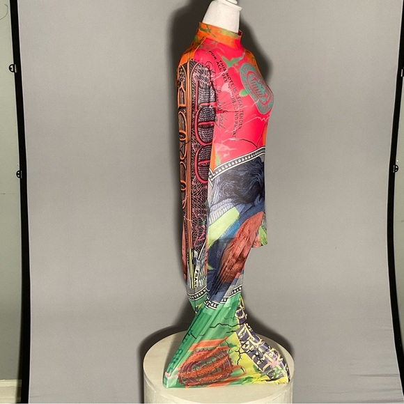 No 1 Los Angeles Long Sleeve Stretch Dollar Print Mesh Bodycon Sexy Maxi Dress - Picture 8 of 14